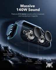 soundcore Boom 2 Plus By Anker, Outdoor Speaker, 140W, 2+2 Channel, BassUp 2.0, 20H Playtime, Fast Charge, IPX7 Waterproof, RGB Lights, Power Bank, Bluetooth 5.3, Portable for Outdoors, Camping, Beach