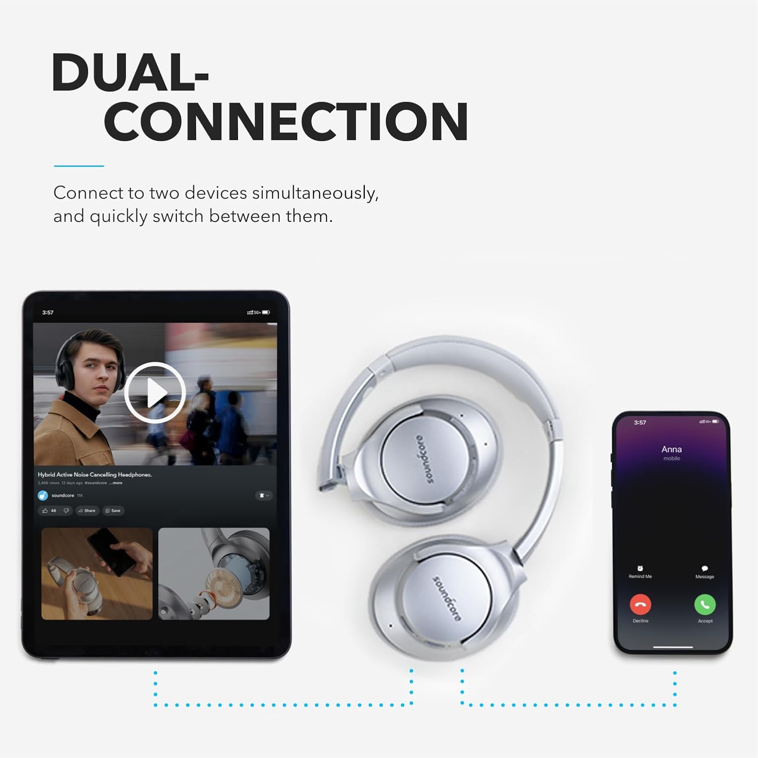 Soundcore Anker Life Q20 Hybrid Active Noise Cancelling Headphones, Wireless Over Ear Bluetooth Headphones, 60H Playtime, Hi-Res Audio, Deep Bass, Memory Foam Ear Cups, Travel, Office