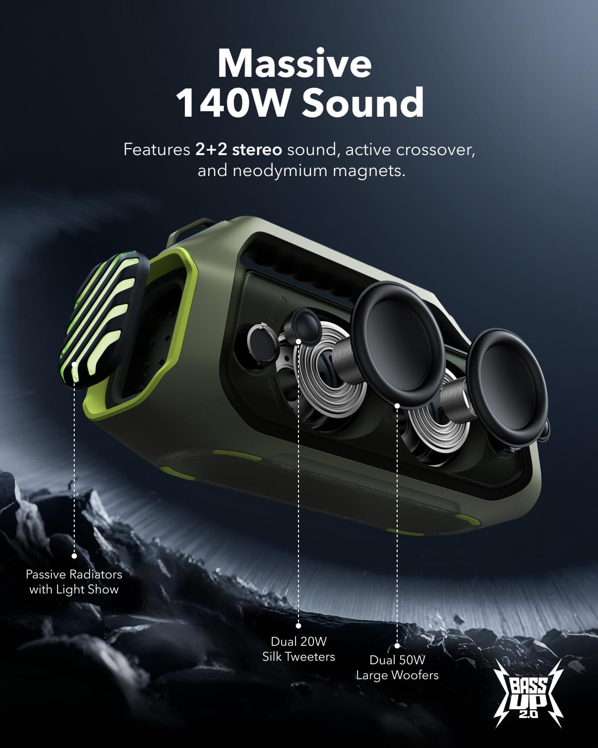 soundcore Boom 2 Plus By Anker, Outdoor Speaker, 140W, 2+2 Channel, BassUp 2.0, 20H Playtime, Fast Charge, IPX7 Waterproof, RGB Lights, Power Bank, Bluetooth 5.3, Portable for Outdoors, Camping, Beach