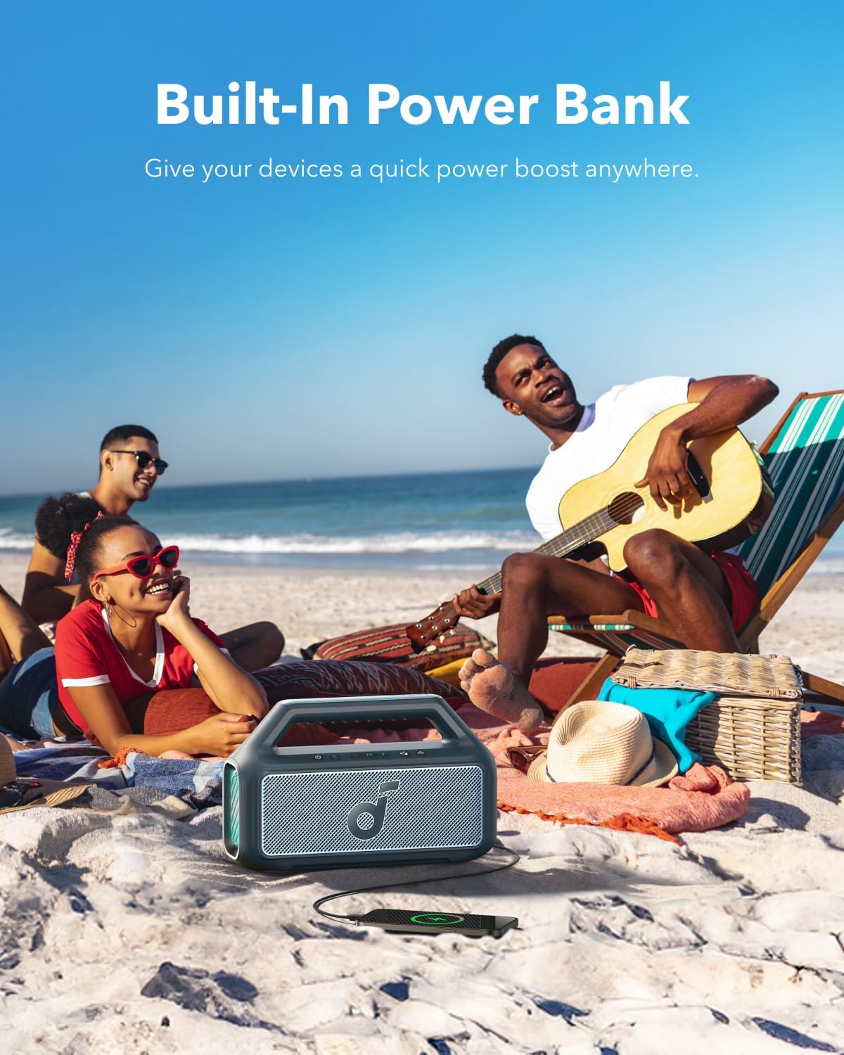 soundcore Boom 2 By Anker, Outdoor Speaker, 80W, Subwoofer, BassUp 2.0, 24H Playtime, IPX7 Waterproof, Floatable, RGB Lights, USB-C, Custom EQ, Bluetooth 5.3, Portable for Camping, Beach, and Backyard
