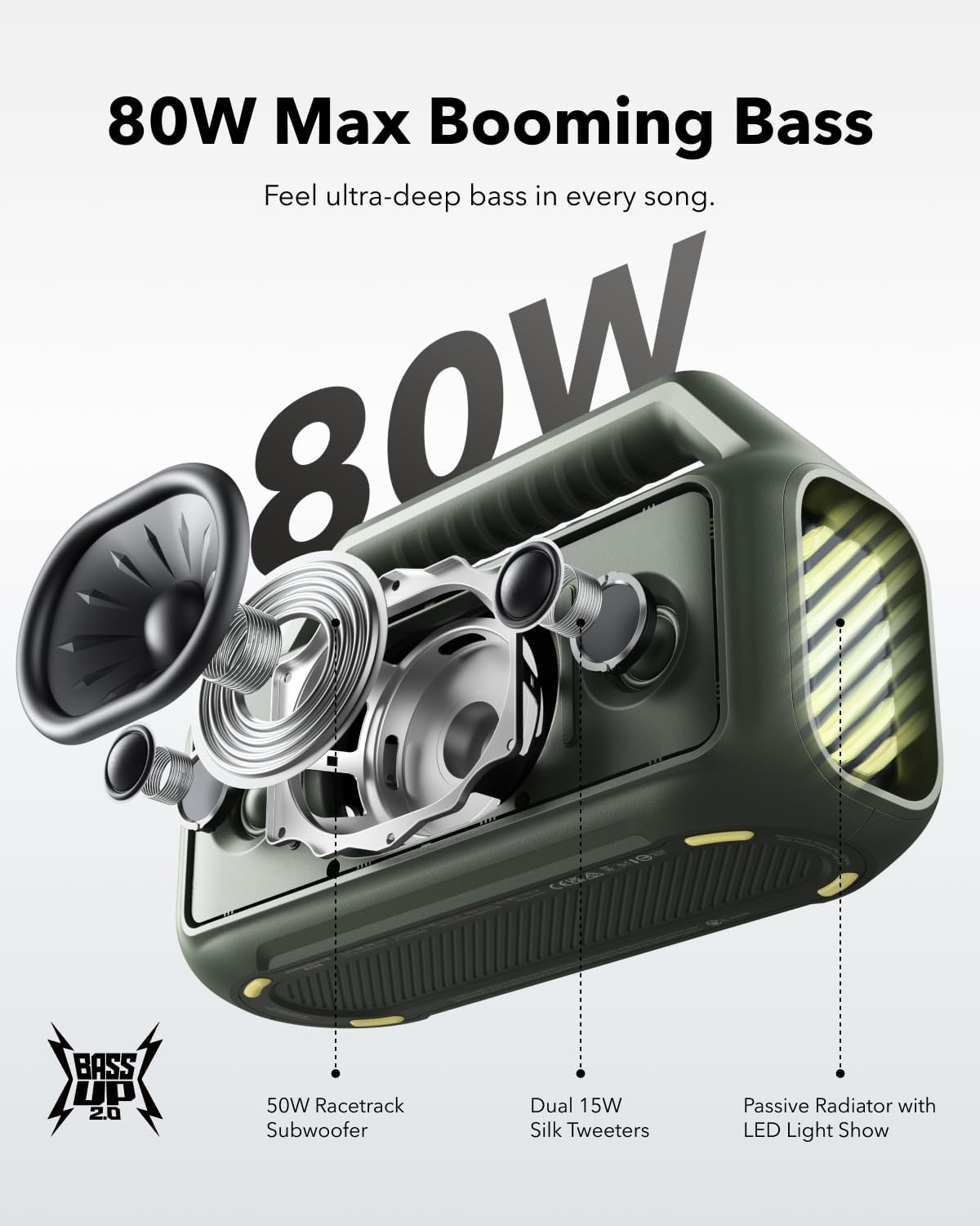 soundcore Boom 2 By Anker, Outdoor Speaker, 80W, Subwoofer, BassUp 2.0, 24H Playtime, IPX7 Waterproof, Floatable, RGB Lights, USB-C, Custom EQ, Bluetooth 5.3, Portable for Camping, Beach, and Backyard