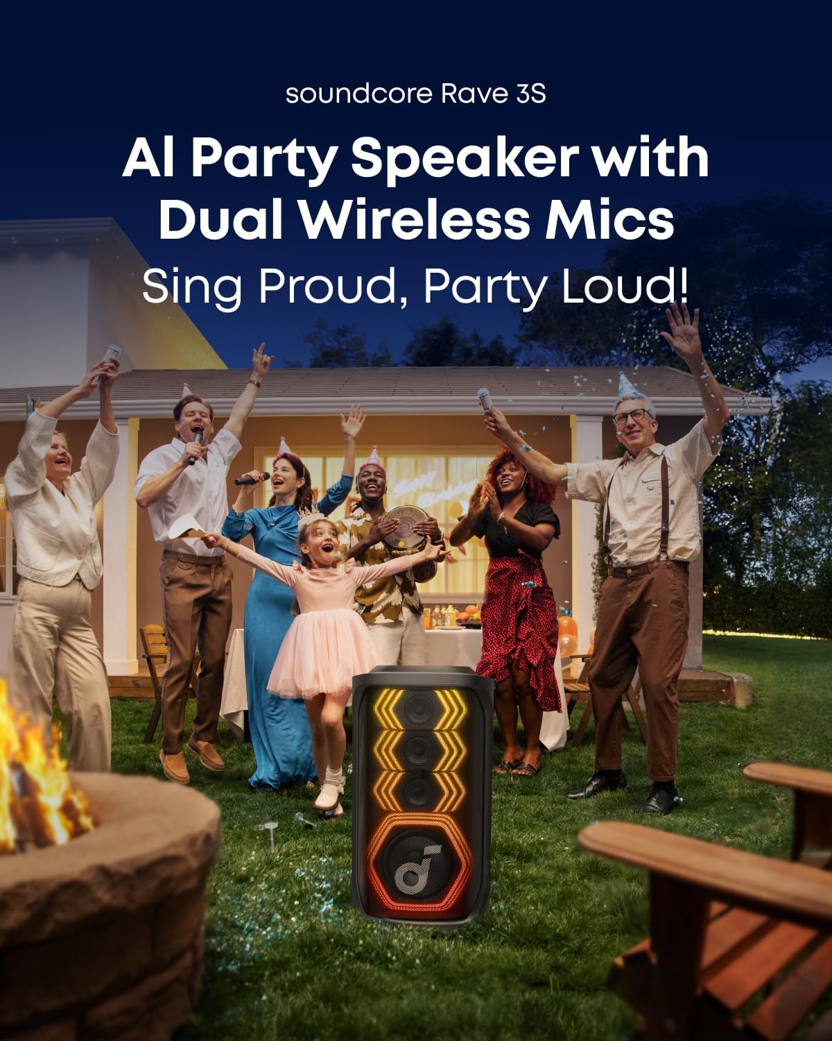 soundcore Rave 3S AI Karaoke Party Speaker with 2 Wireless Microphones, 200W Sound, AI Vocal Removal, Reverb, Light Show, 12H Playtime, Portable Bluetooth PA System for Home, Party, or Backyard